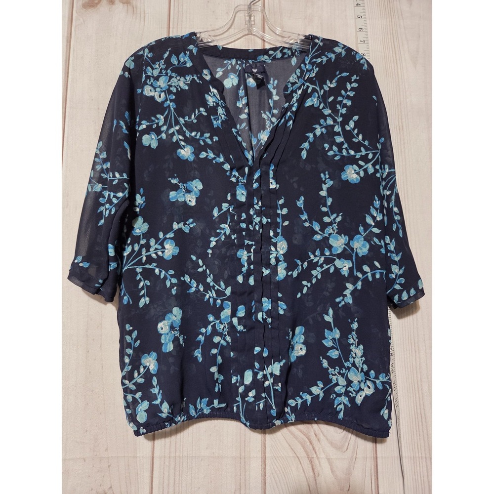 Gap Blouse Womens Medium Navy Blue Floral Chiffon Sheer‎ 3/4 Sleeve Elastic Hem